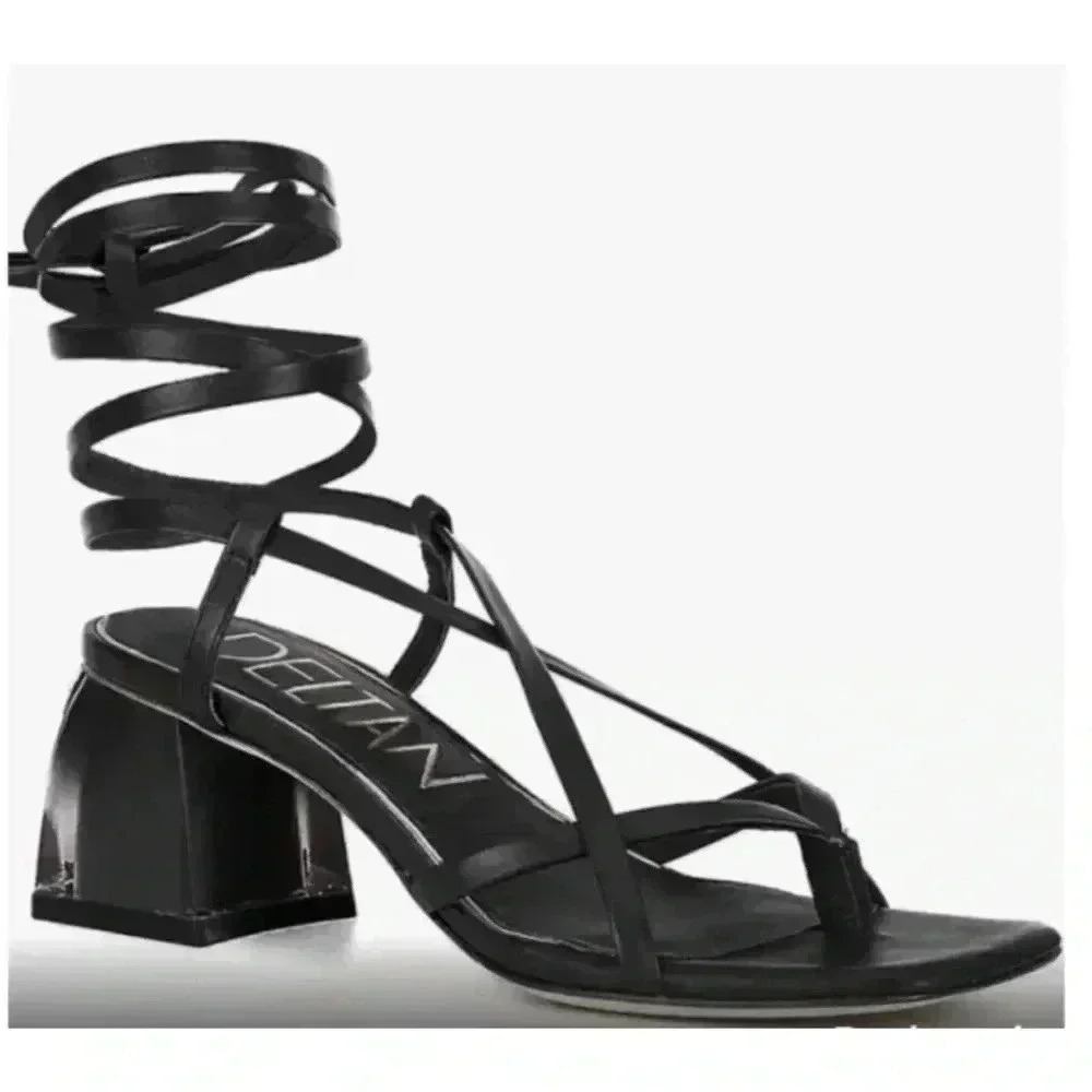 Deltan Size 6M Fawn Ankle Wrap Strappy Block Heel Thong Dress Sandals Black NEW